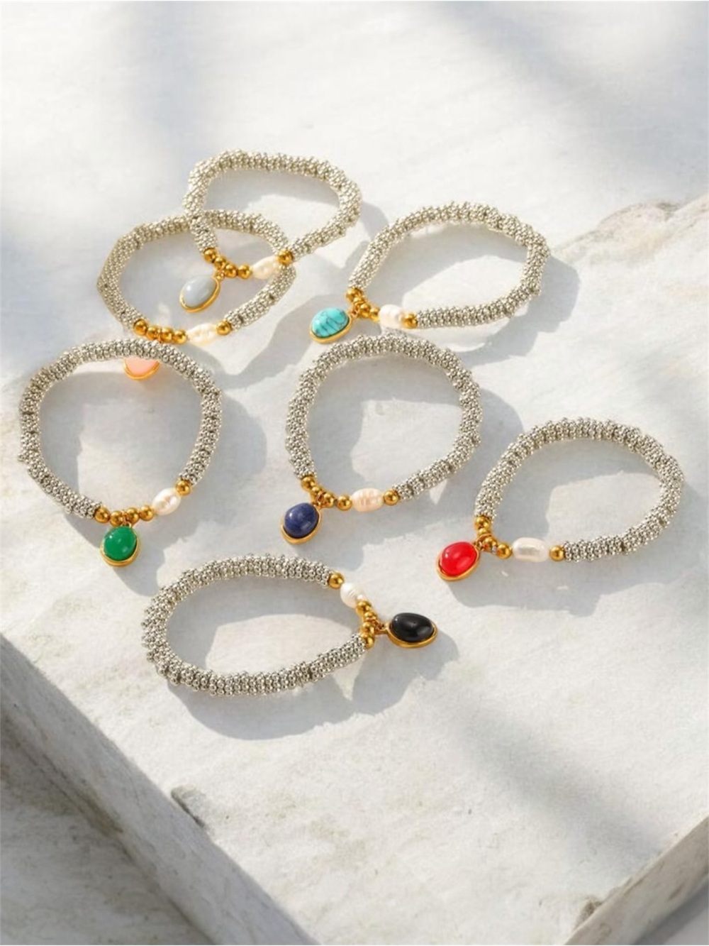 Freshwater Pearl & Stone Beaded Stretch Bracelet NWT Gold Plated PVD Coated